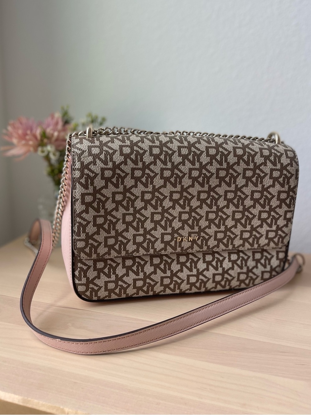 DKNY Signature Logo Flap Crossbody Shoulder Bag Brown Pink NWOT